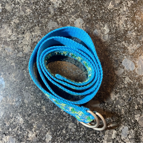 L.L. Bean D-ring Canvas Belt Floral Ribbon Cornflower Blue Silver Buckle Sz M - Picture 6 of 6